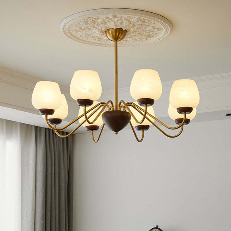 French Solid Wood Curved Iron Glass Cup Chandelier