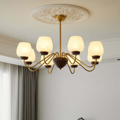 French Solid Wood Curved Iron Glass Cup Chandelier