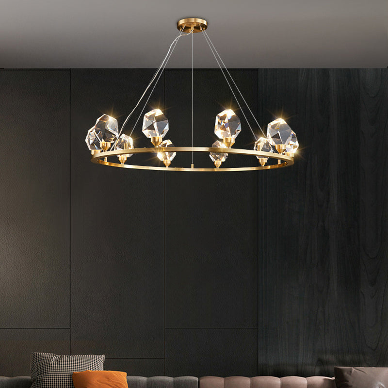 Contemporary Round Brass Crystal Stone Chandelier