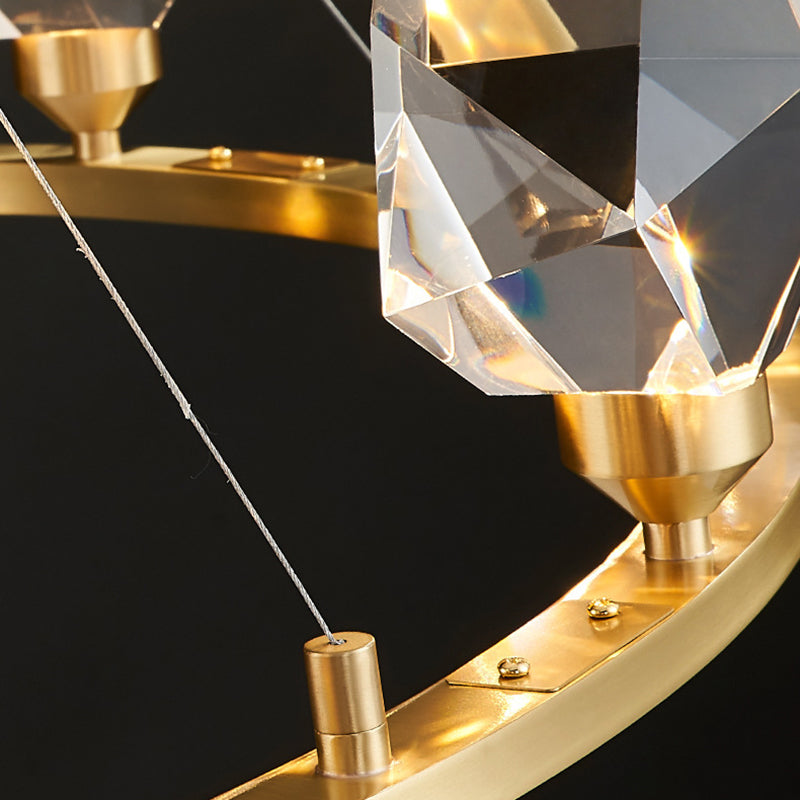 Contemporary Round Brass Crystal Stone Chandelier