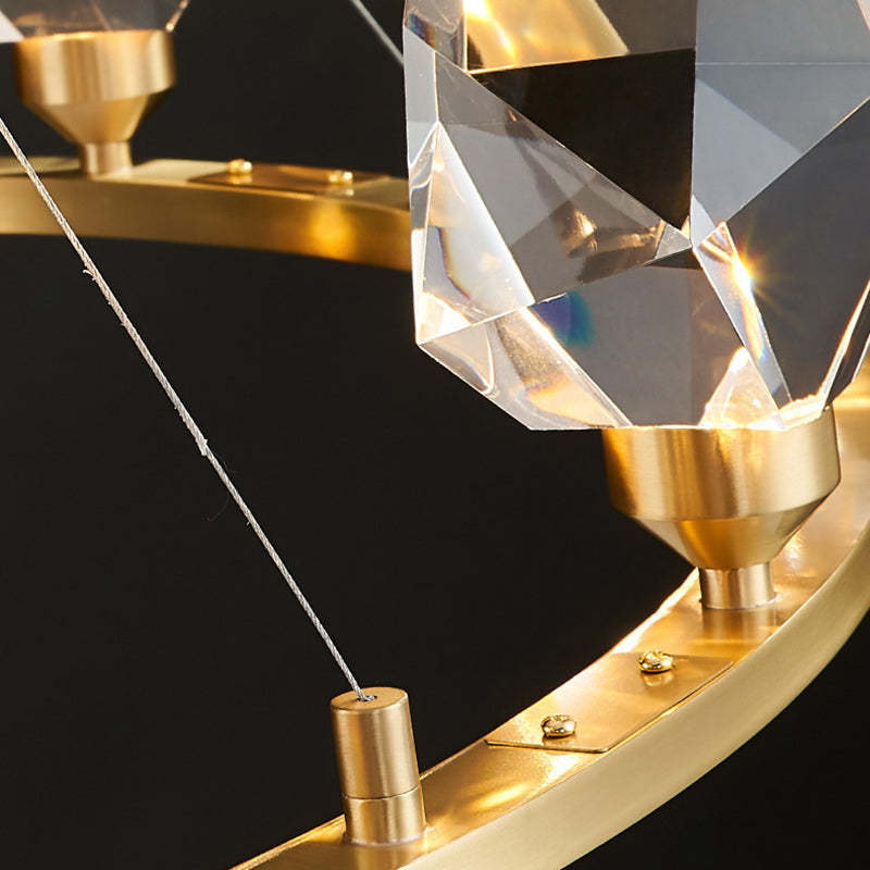 Contemporary Round Brass Crystal Stone Chandelier