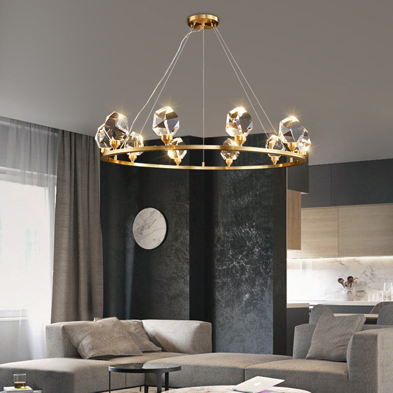 Contemporary Round Brass Crystal Stone Chandelier