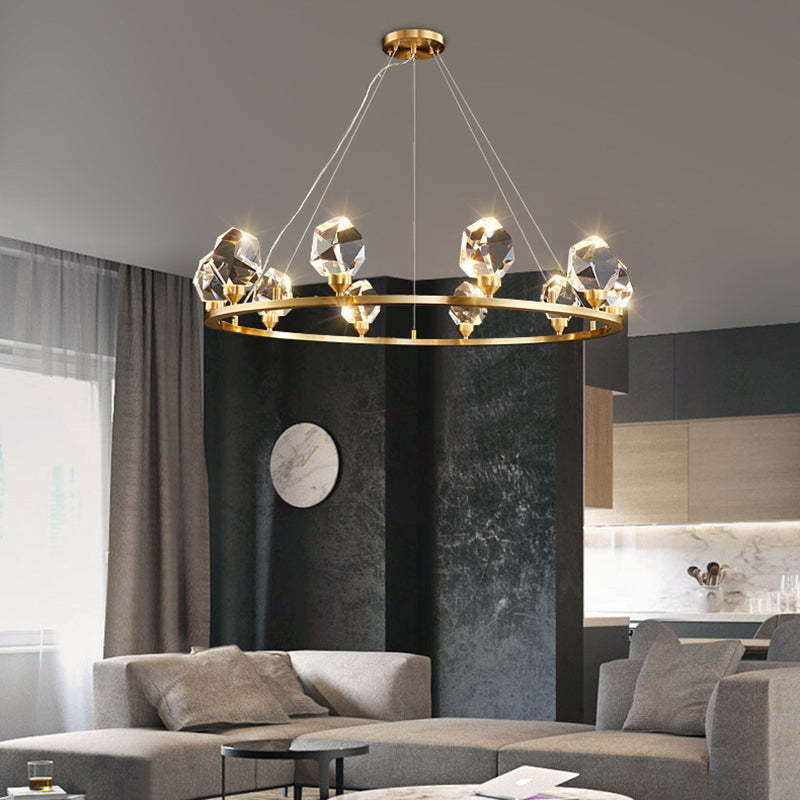 Contemporary Round Brass Crystal Stone Chandelier
