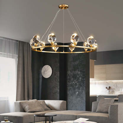 Contemporary Round Brass Crystal Stone Chandelier