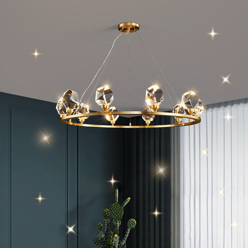 Contemporary Round Brass Crystal Stone Chandelier