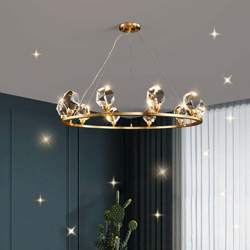 Contemporary Round Brass Crystal Stone Chandelier