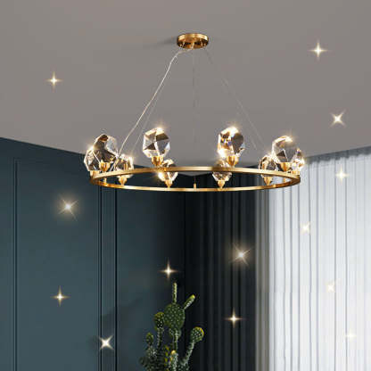 Contemporary Round Brass Crystal Stone Chandelier