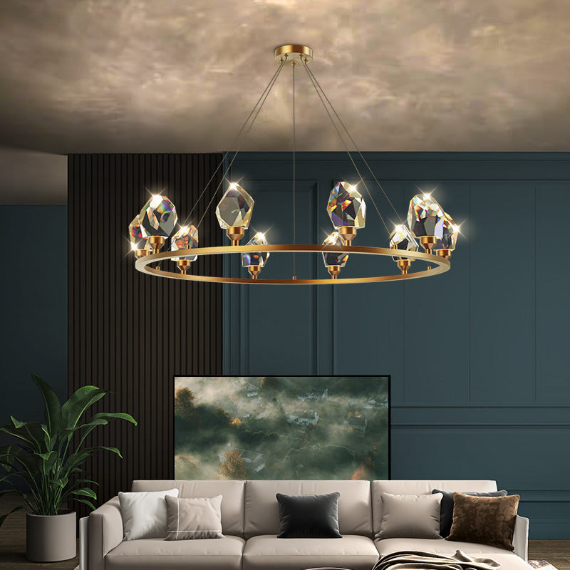 Contemporary Round Brass Crystal Stone Chandelier