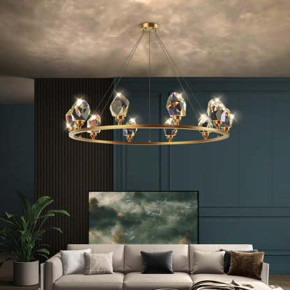 Contemporary Round Brass Crystal Stone Chandelier