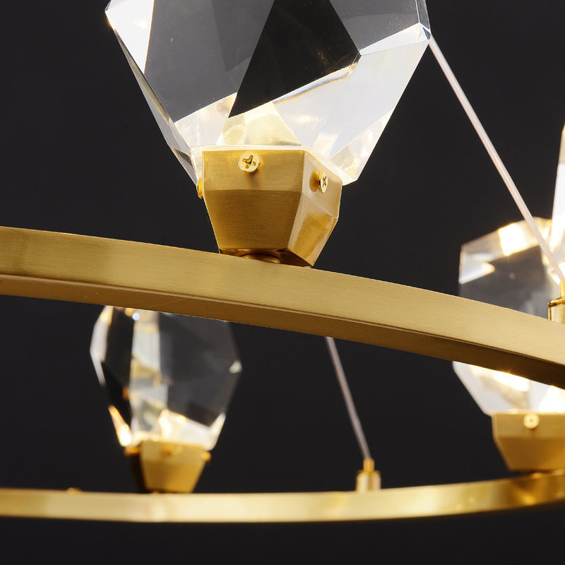 Contemporary Round Brass Crystal Stone Chandelier