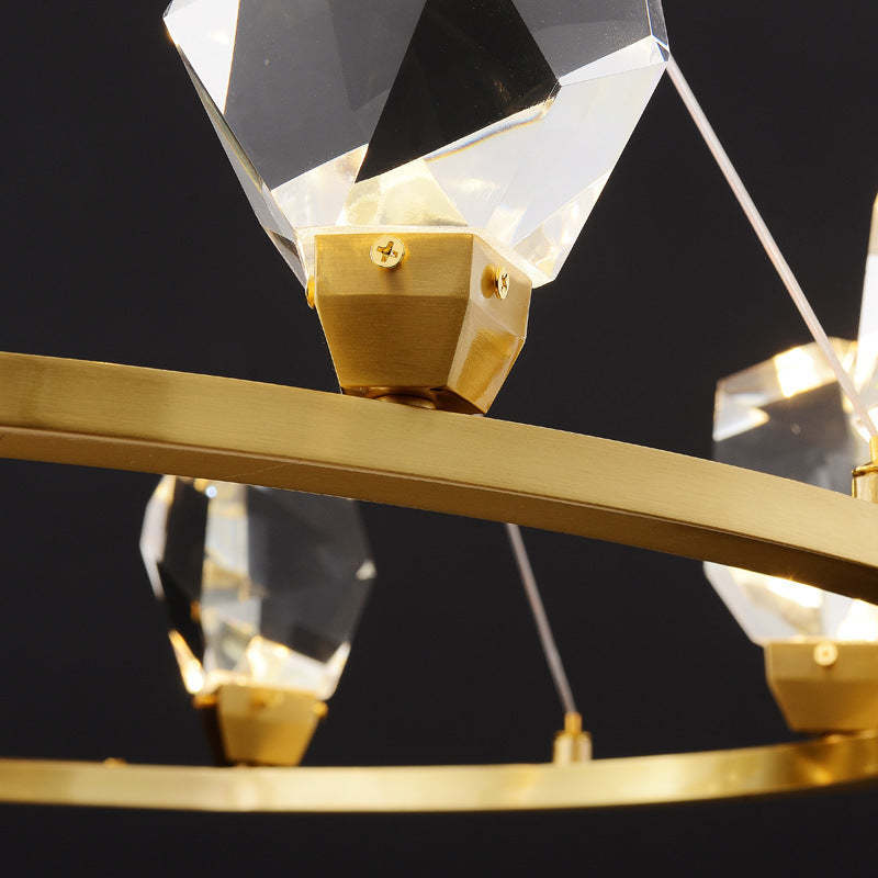Contemporary Round Brass Crystal Stone Chandelier