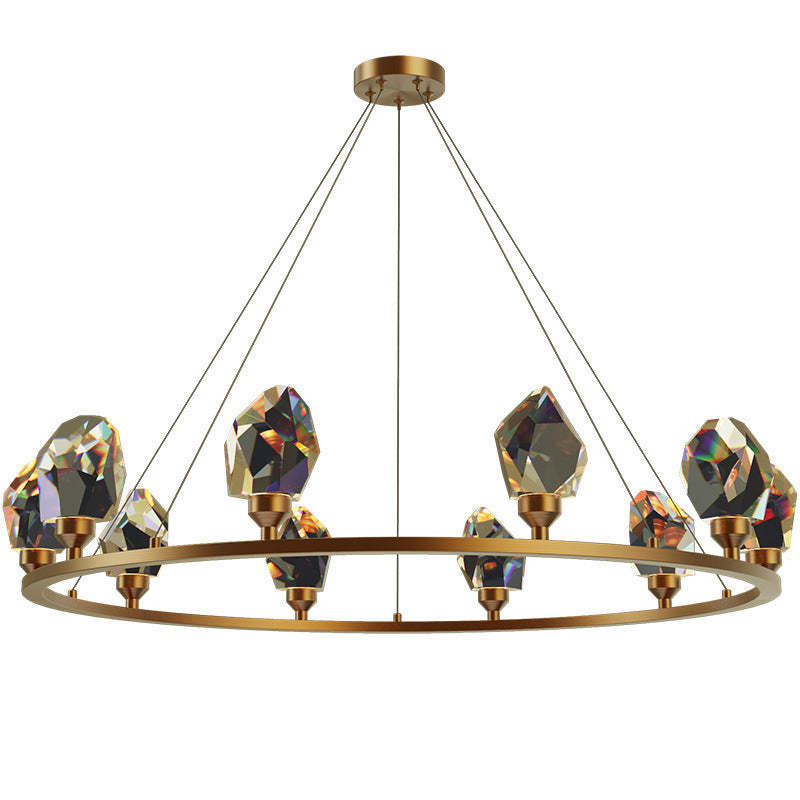 Contemporary Round Brass Crystal Stone Chandelier