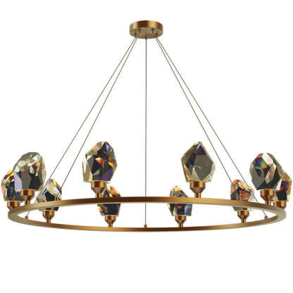 Contemporary Round Brass Crystal Stone Chandelier
