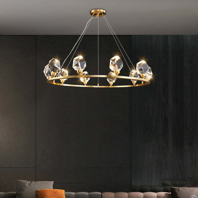 Contemporary Round Brass Crystal Stone Chandelier