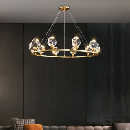 Contemporary Round Brass Crystal Stone Chandelier
