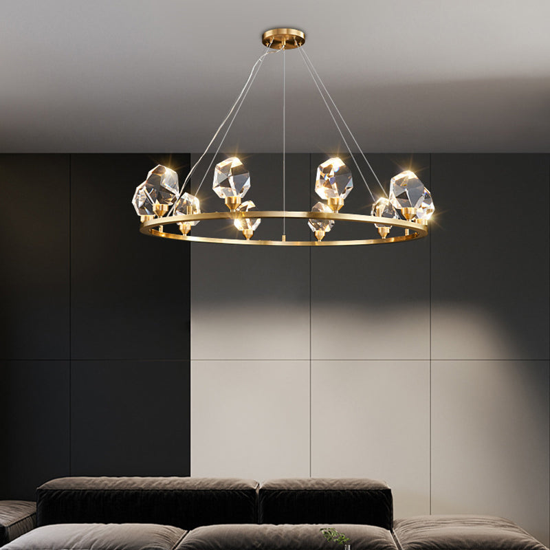 Contemporary Round Brass Crystal Stone Chandelier