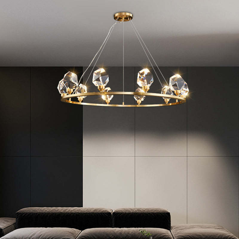 Contemporary Round Brass Crystal Stone Chandelier