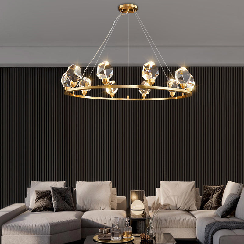 Contemporary Round Brass Crystal Stone Chandelier