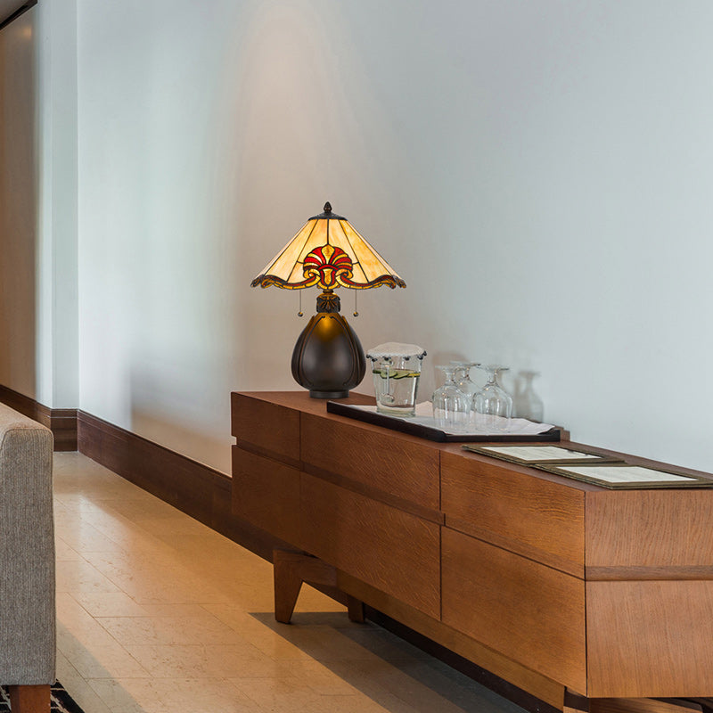 Traditional Tiffany Stained Glass Conical Shade Resin Vase Base 1-Light Table Lamp For Bedroom