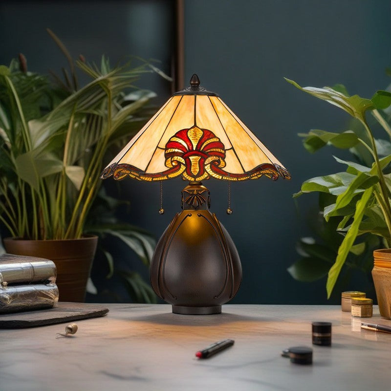 Traditional Tiffany Stained Glass Conical Shade Resin Vase Base 1-Light Table Lamp For Bedroom