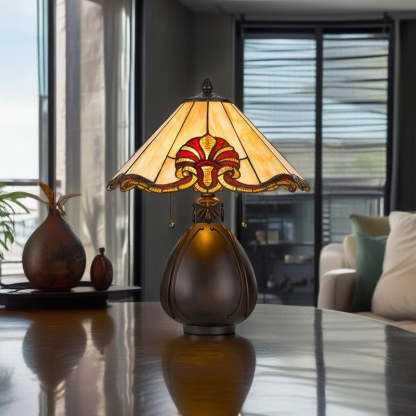 Traditional Tiffany Stained Glass Conical Shade Resin Vase Base 1-Light Table Lamp For Bedroom