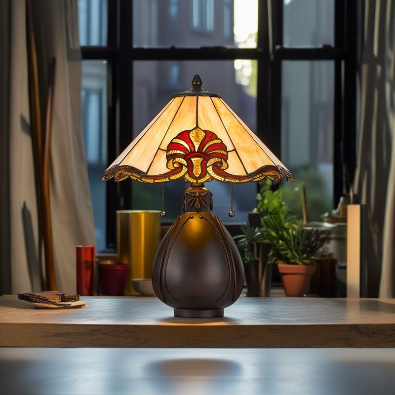 Traditional Tiffany Stained Glass Conical Shade Resin Vase Base 1-Light Table Lamp For Bedroom