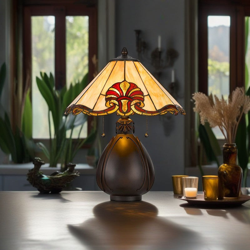 Traditional Tiffany Stained Glass Conical Shade Resin Vase Base 1-Light Table Lamp For Bedroom