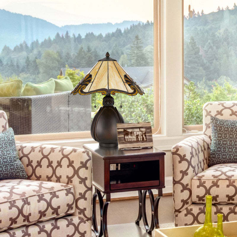 Traditional Tiffany Stained Glass Conical Shade Resin Vase Base 1-Light Table Lamp For Bedroom