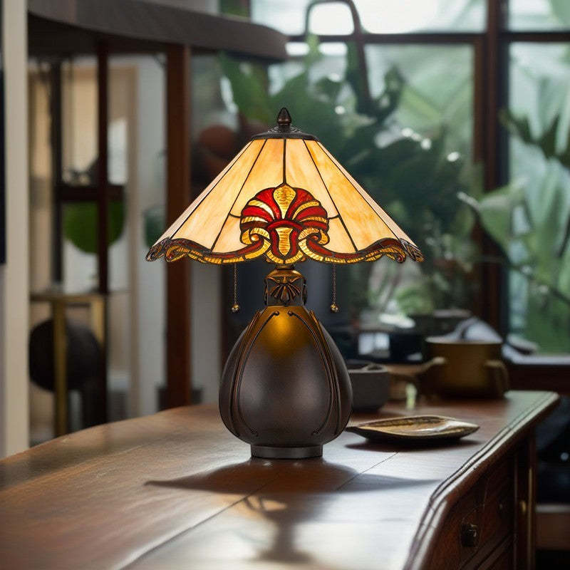 Traditional Tiffany Stained Glass Conical Shade Resin Vase Base 1-Light Table Lamp For Bedroom