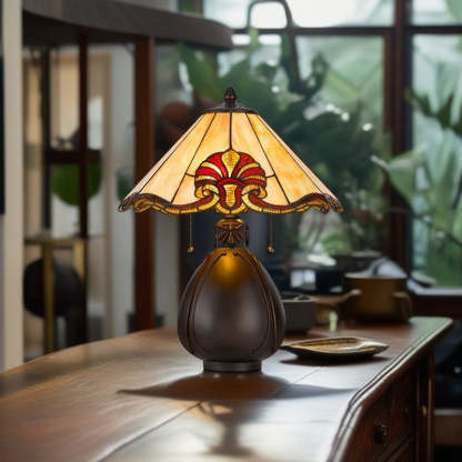 Traditional Tiffany Stained Glass Conical Shade Resin Vase Base 1-Light Table Lamp For Bedroom