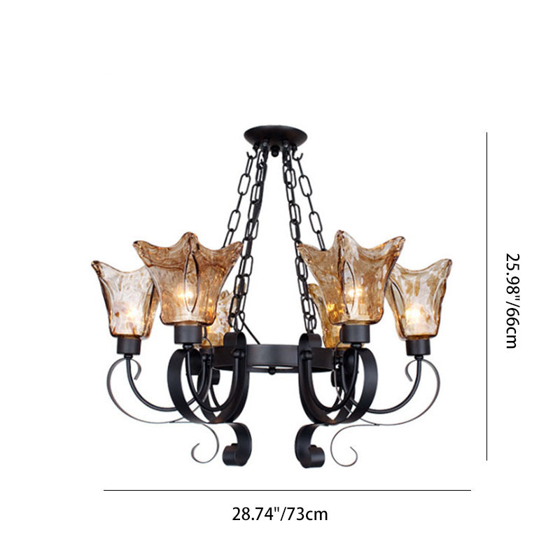 Retro Iron Curved Amber Glass Tulip Chandelier