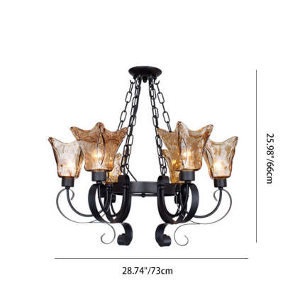 Retro Iron Curved Amber Glass Tulip Chandelier