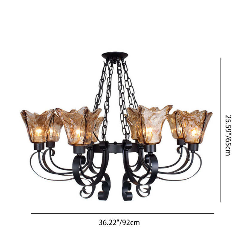 Retro Iron Curved Amber Glass Tulip Chandelier
