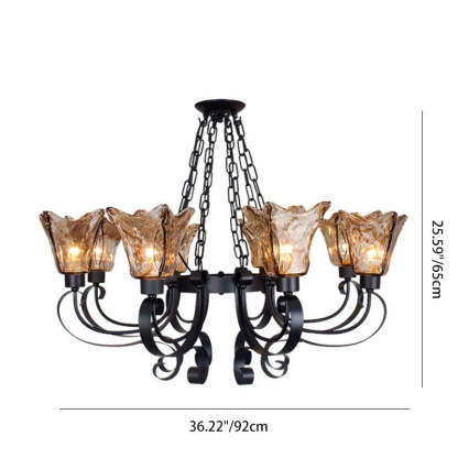 Retro Iron Curved Amber Glass Tulip Chandelier