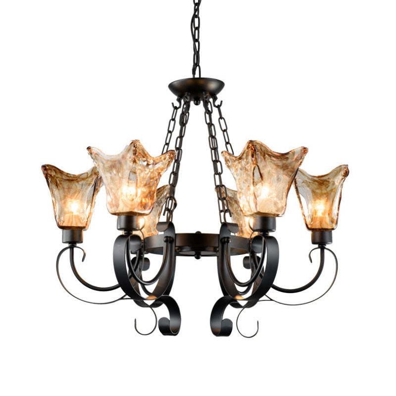 Retro Iron Curved Amber Glass Tulip Chandelier
