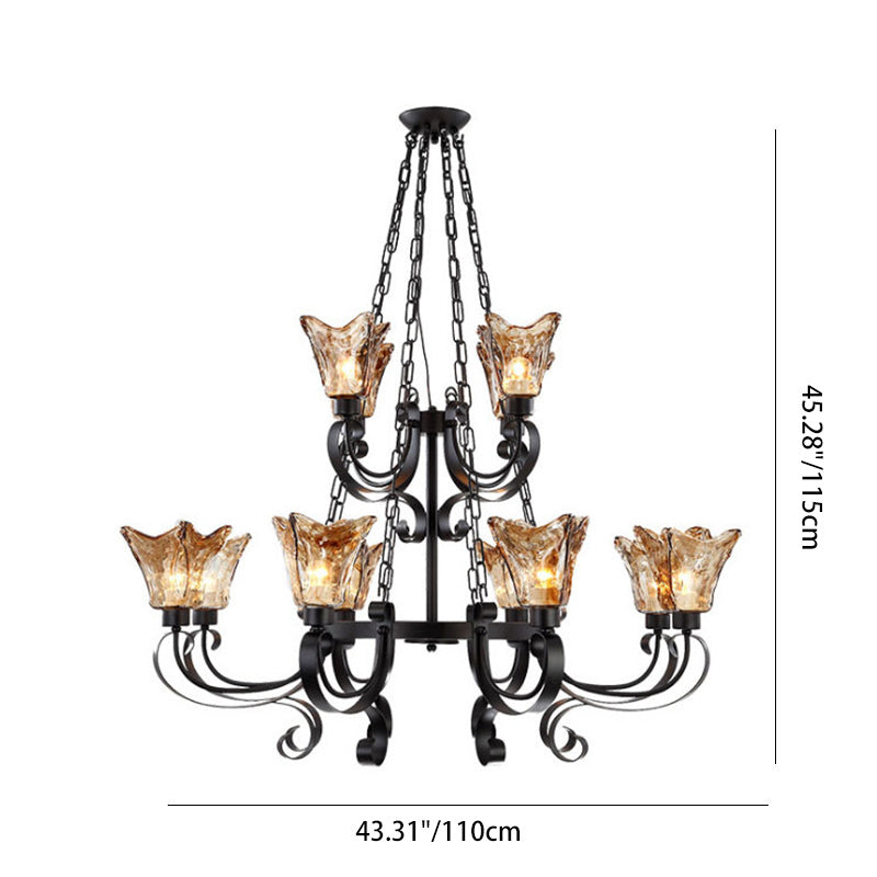 Retro Iron Curved Amber Glass Tulip Chandelier