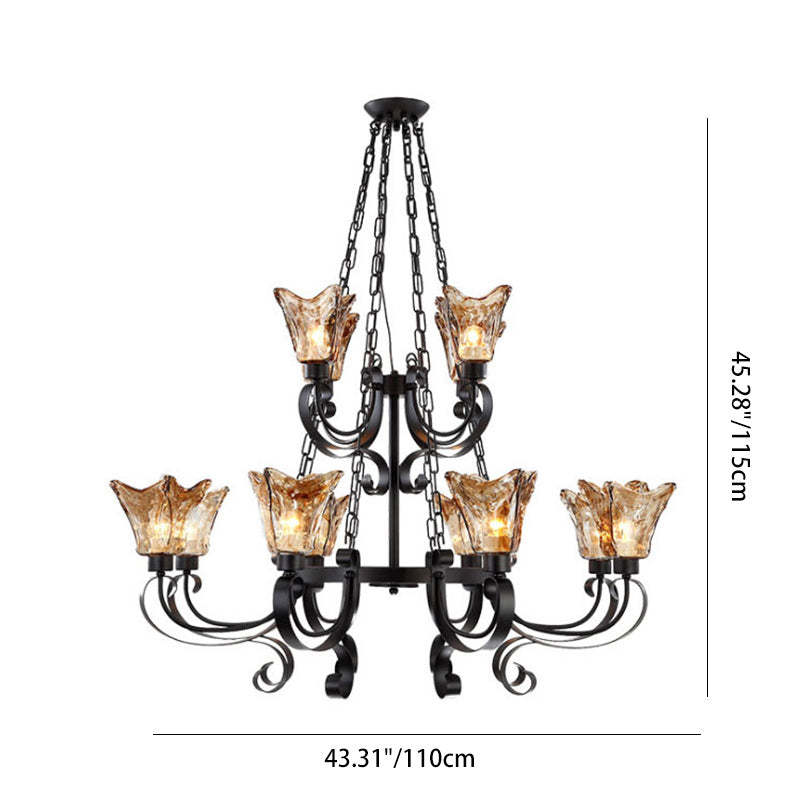 Retro Iron Curved Amber Glass Tulip Chandelier