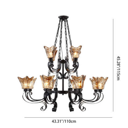 Retro Iron Curved Amber Glass Tulip Chandelier