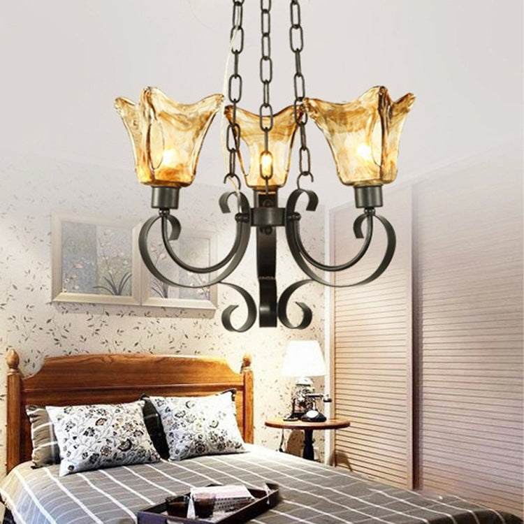 Retro Iron Curved Amber Glass Tulip Chandelier