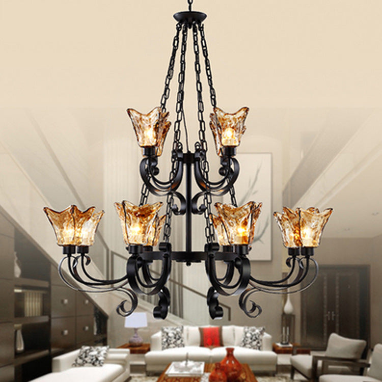Retro Iron Curved Amber Glass Tulip Chandelier