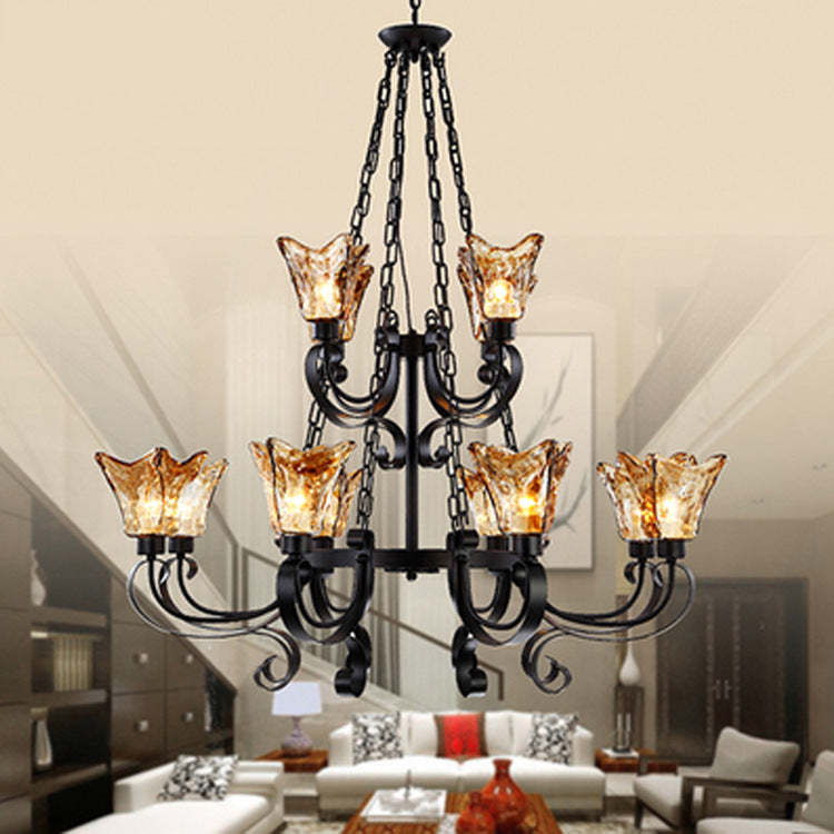 Retro Iron Curved Amber Glass Tulip Chandelier