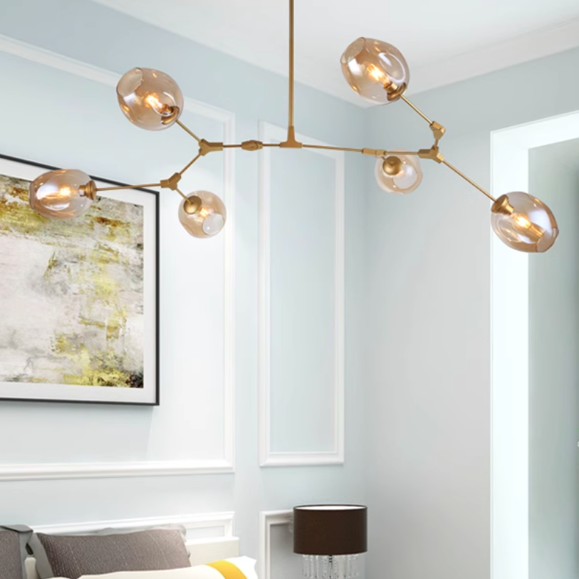 Mid-Century Iron Branch Glass Cup Chandelier — 7 & Black Body - Transparent Glass Shade / 220V-240V For UK/AU