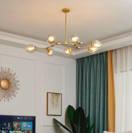 Mid-Century Iron Branch Glass Cup Chandelier — 6 & Black Body - Amber Glass Shade / 110V-120V For US/CA