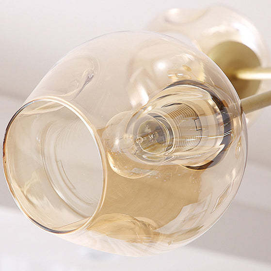 Mid-Century Iron Branch Glass Cup Chandelier — 6 & Gold Body - Amber Glass Shade / 110V-120V For US/CA