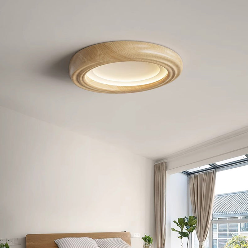 Japanese Round Iron Wood Grain LED Flush Mount Light