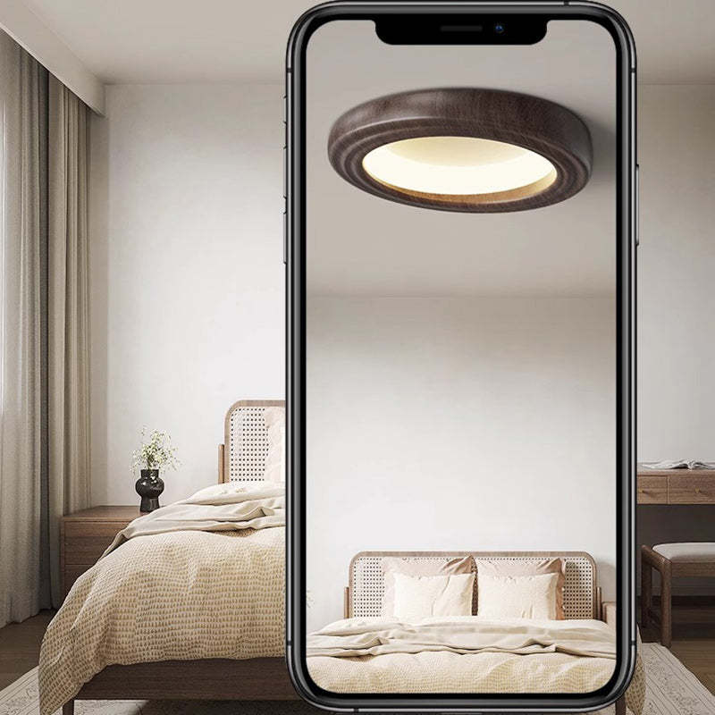 Japanese Round Iron Wood Grain LED Flush Mount Light