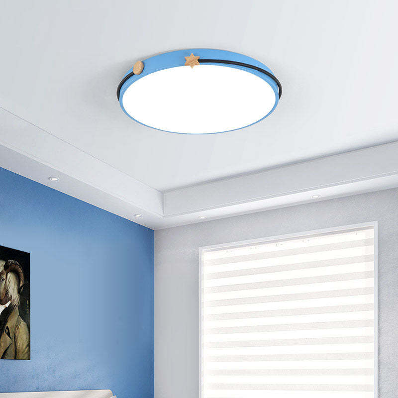 Minimalist Iron Wood Geometric Circle LED Flush Mount Light