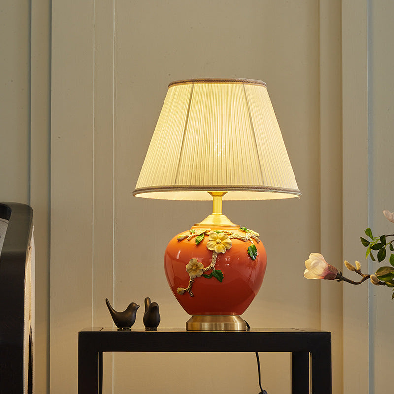 Chinese Pleated Fabric Enameled Ceramic Vase Table Lamp