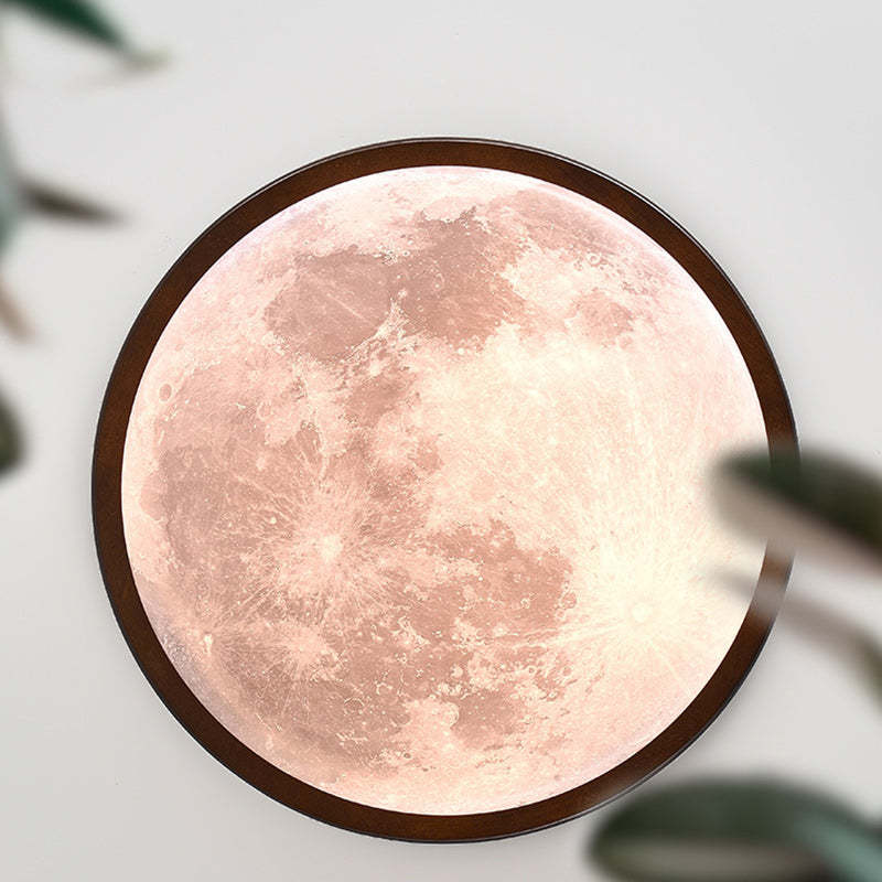 Nordic Wood Acrylic Moon Round LED Flush Mount Light