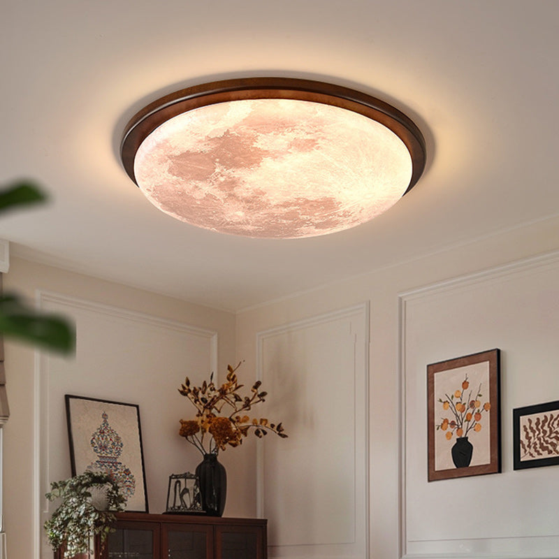 Nordic Wood Acrylic Moon Round LED Flush Mount Light
